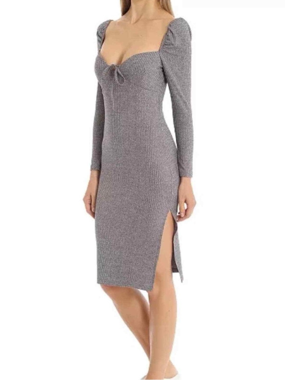 AVEC LES FILLES Gray Grey Ribbed Long Puff Sleeve Bodycon Prairie Dress Sz Small